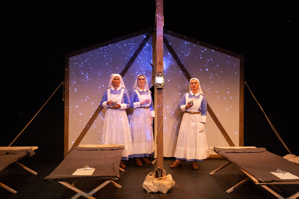 Bluebirds by Vern Thiessen, Theatre New Brunswick October 2022, with  L-R: Kirsten Alter, Sharisse LeBrun and Mlanie LeBlanc.